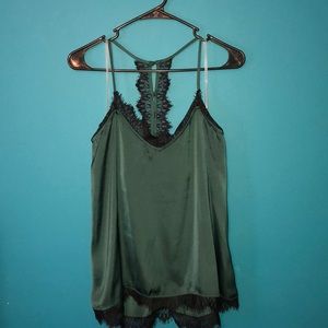 Dark Green Jolt silk Tank top w/ black Lace detail